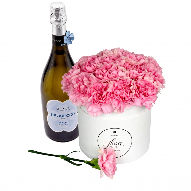 FlowerBox z winem musującym - różowe goździki w pudełku (średni)