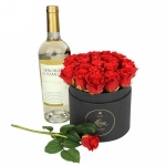 FlowerBox z winem - czerwone róże w pudełku (średni)