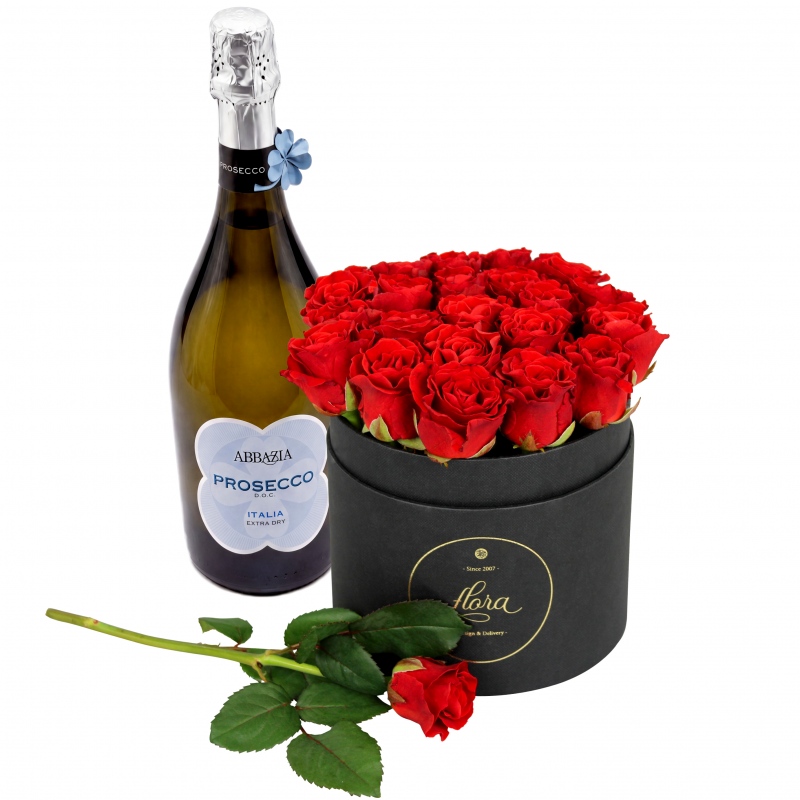 FlowerBox z winem musującym - czerwone róże w pudełku (średni)